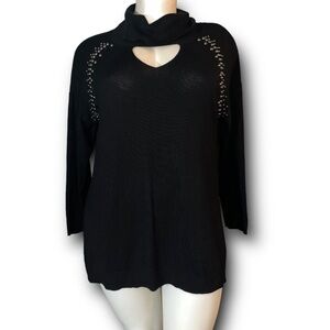 LANE BRYANT Black Funnel Turtle Neck Cutout Studded Longline Tunic Sweater 24